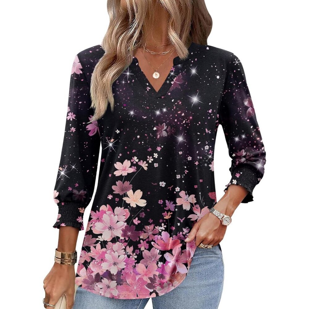 3/4 Length Sleeve Womens Tops 2025 Floral Womens Blouses V Neck TunicTops with S - Picture 4 of 6